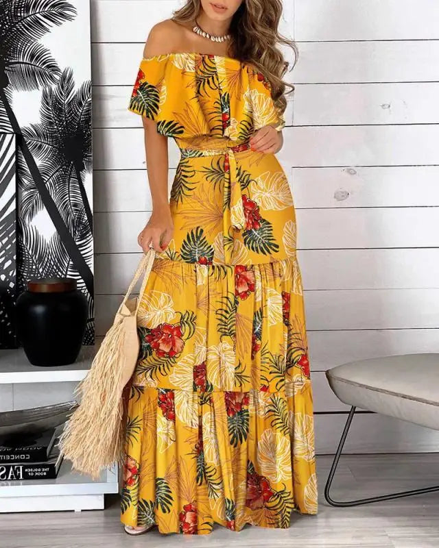 Pop 2022 New Fashion Leopard Robe Print Long Dress Ruffle Maxi Sundress Bohemian Women Summer Sexy Casual Elegant Strapless Vest