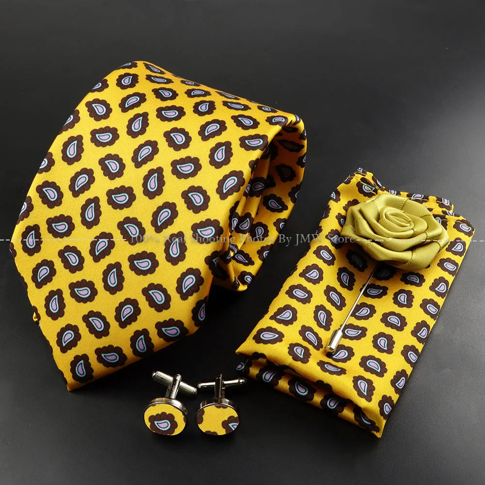 Men's 7.5cm Soft Silk Tie Set With Pocket Square Cufflinks Boutonniere Blue Green Orange Dot Floral Neckwear For Wedding Busines