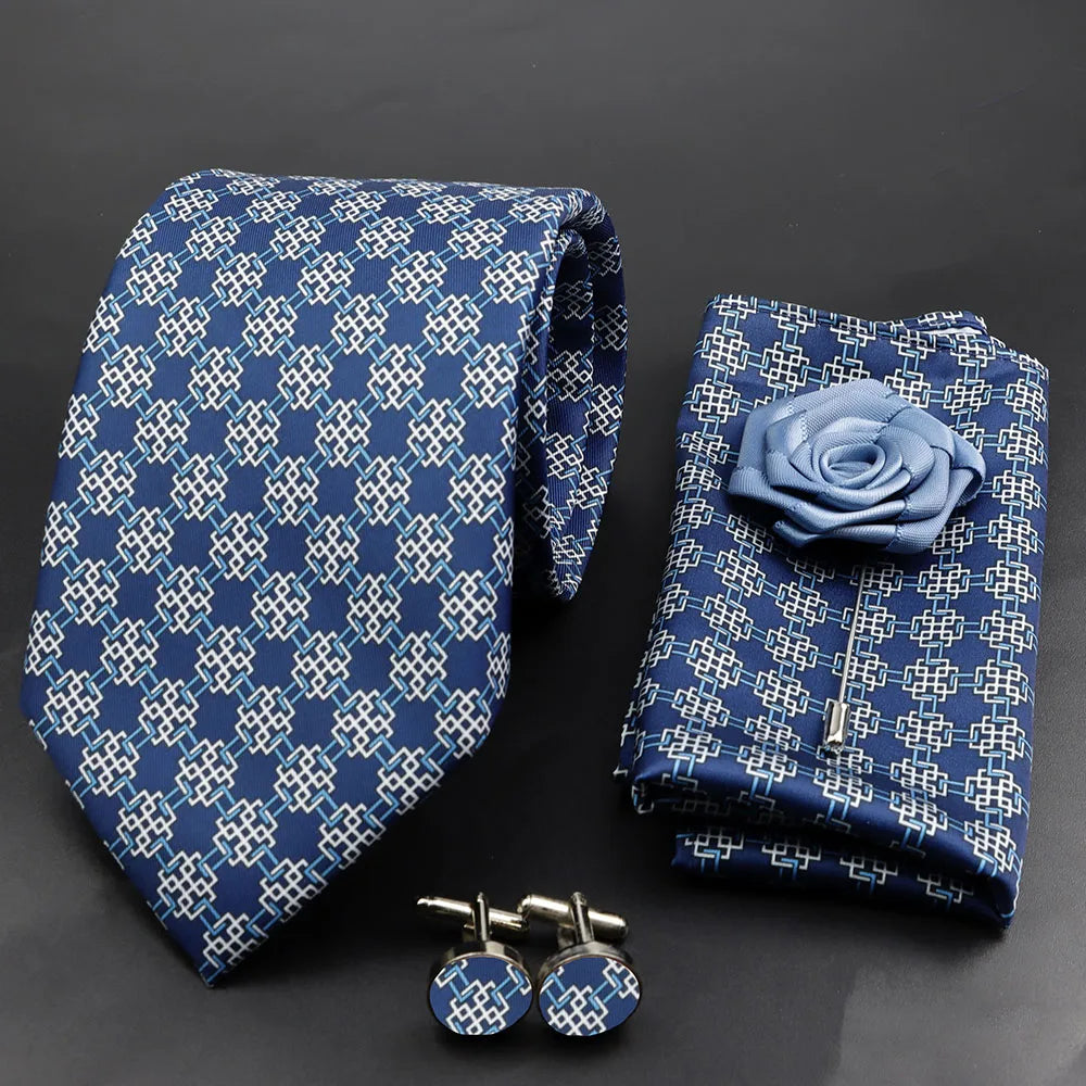 Men's 7.5cm Soft Silk Tie Set With Pocket Square Cufflinks Boutonniere Blue Green Orange Dot Floral Neckwear For Wedding Busines