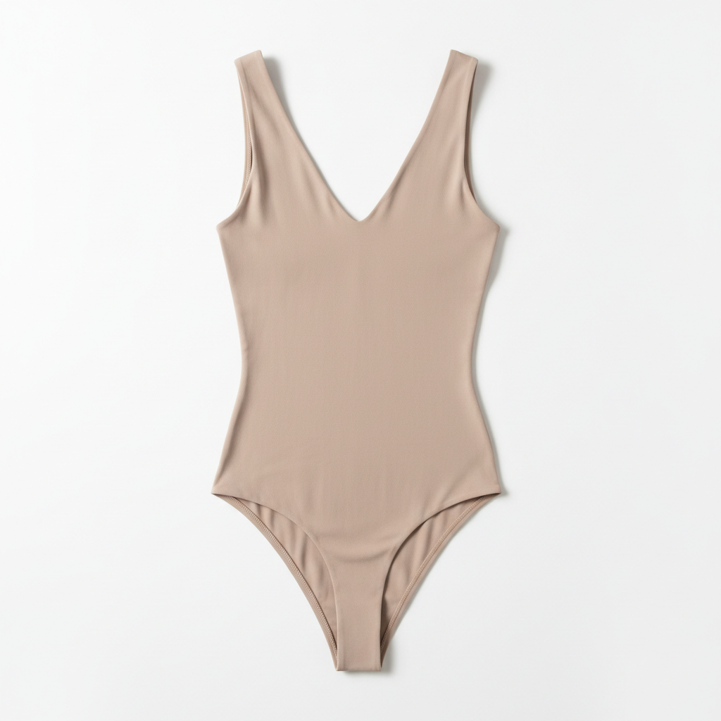 Body sans coutures col V beige sur fond blanc, style minimaliste et élégant